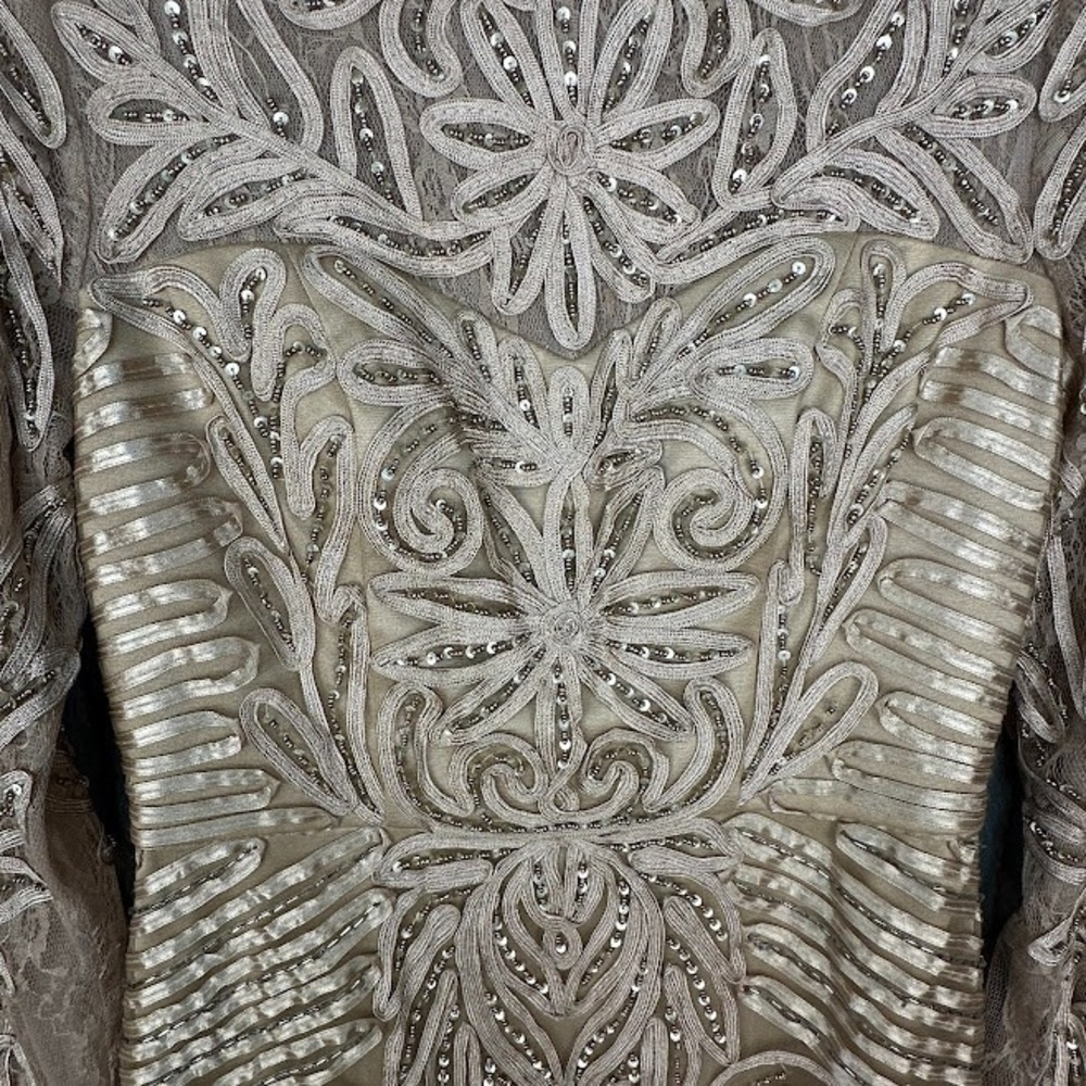 Sue Wong Dress Womens 4 Beige Beaded Long Sleeve Cocktail Wedding Guest Gala - Picture 4 of 15